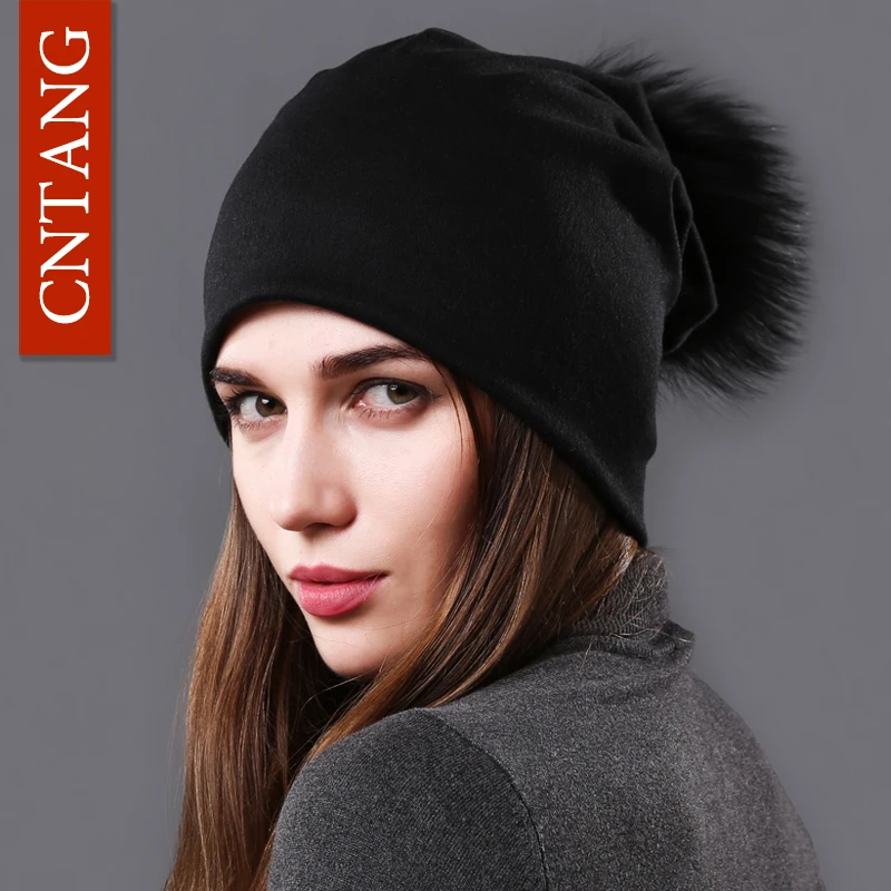 CNTANG Damskie czapki z pomponem z naturalnego futra szopa Jesień Zima Ciepłe solidne czapki dla kobiet Moda…