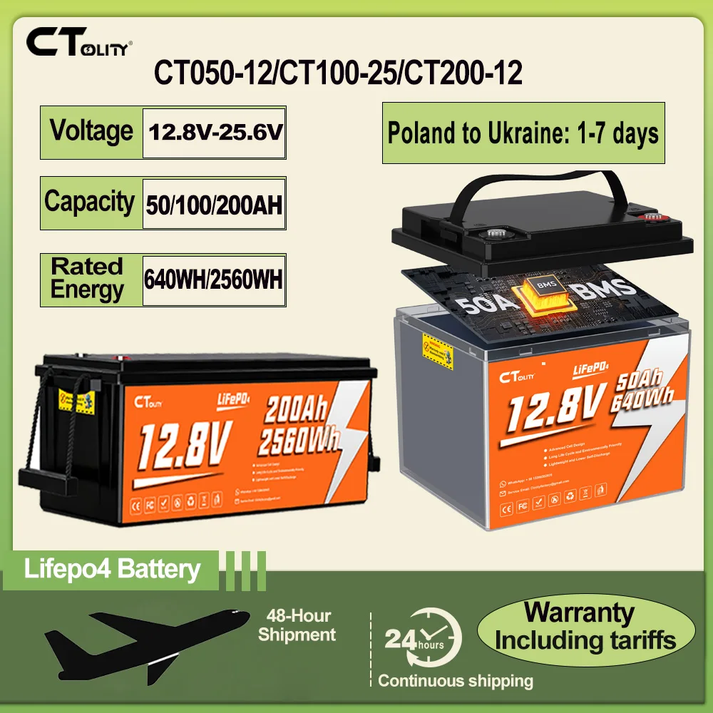 CTOLITY CT050/100/200 12.8V/25.6V 640WH/2560WH 50/100/200AH Bateria Lifepo4 do przechowywania energii… CTOLITY CT050/100/200 12.8V/25.6V 640WH/2560WH 50/100/200AH Bateria Lifepo4 do przechowywania energii…