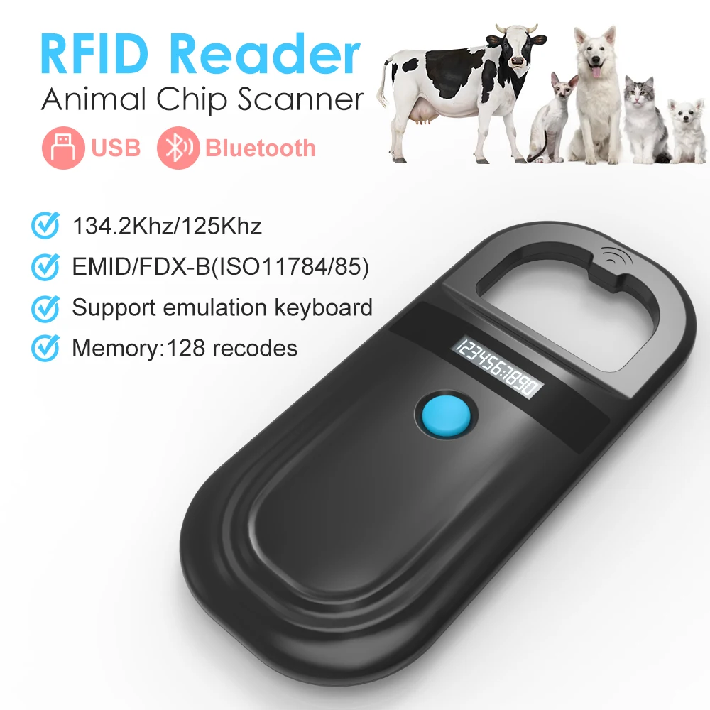 Czarny czytnik RFID dla zwierząt 134,2 KHz 125 kHz USB/Bluetooth Skaner mikrochipów dla zwierząt domowych…