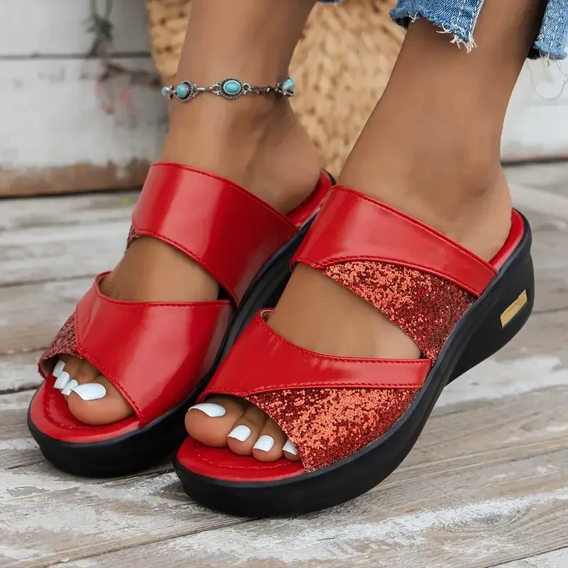 Damskie kapcie na koturnie brokatowe platformy wygodne sandały Casual Sling Backs kapcie nowe letnie buty dla… Damskie kapcie na koturnie brokatowe platformy wygodne sandały Casual Sling Backs kapcie nowe letnie buty dla…