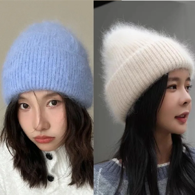 Damskie puszyste czapki typu beanie z futra królika angorowego, dziergane, ciepłe, grube, miękkie czapki…
