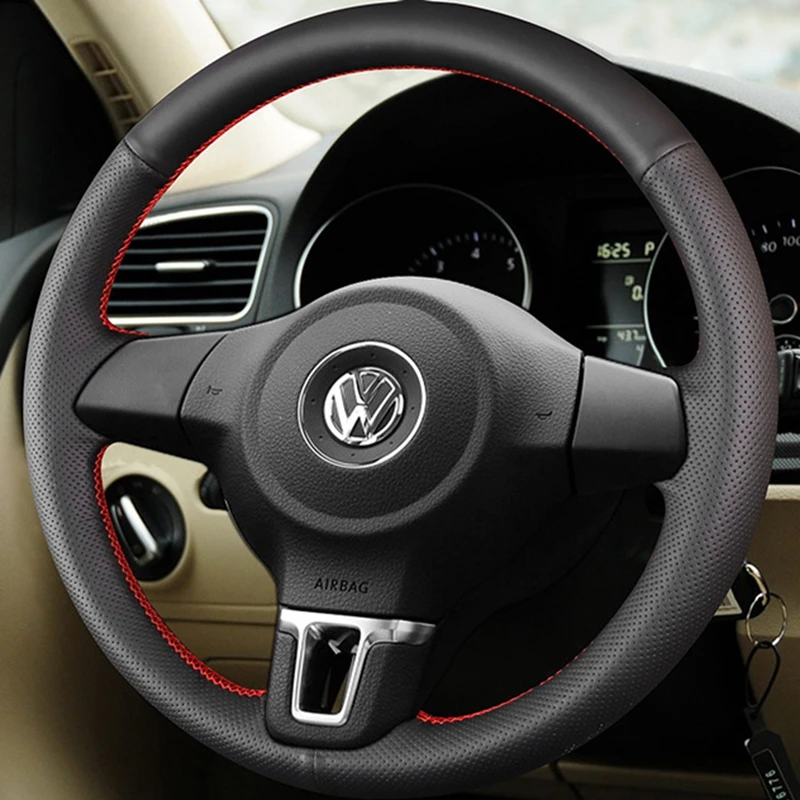 DIY Sztuczna skóra Czarny pokrowiec na kierownicę do Volkswagen Golf 6 Mk6 VW Polo Sagitar Bora Santana Jetta… DIY Sztuczna skóra Czarny pokrowiec na kierownicę do Volkswagen Golf 6 Mk6 VW Polo Sagitar Bora Santana Jetta…