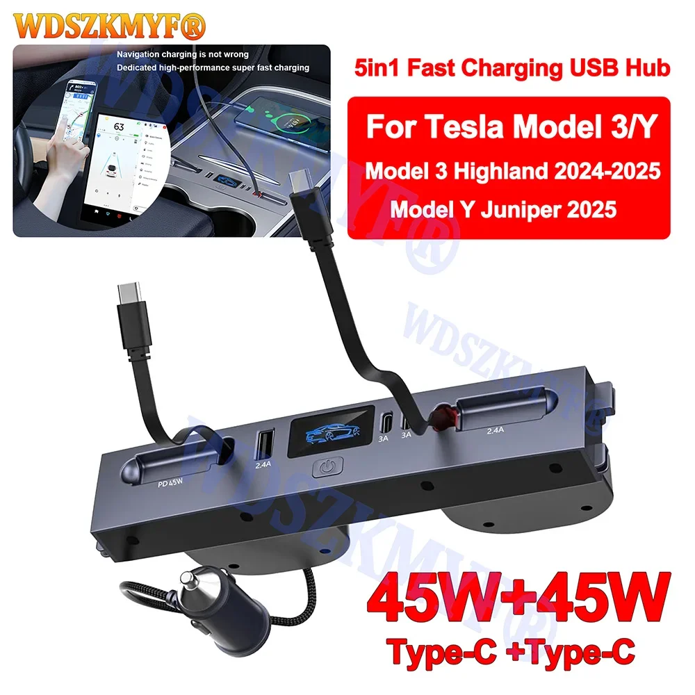 Dla Tesla New Model Y Juniper 2025 Model 3 Highland 2024 65W 45W Szybka Ładowarka Centralna z USB-C HUB i… Dla Tesla New Model Y Juniper 2025 Model 3 Highland 2024 65W 45W Szybka Ładowarka Centralna z USB-C HUB i…