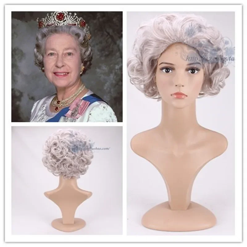 Do odgrywania ról Egland Elizabeth Queen srebrna babcia peruka z falowanymi włosami kostiumy starsza pani…