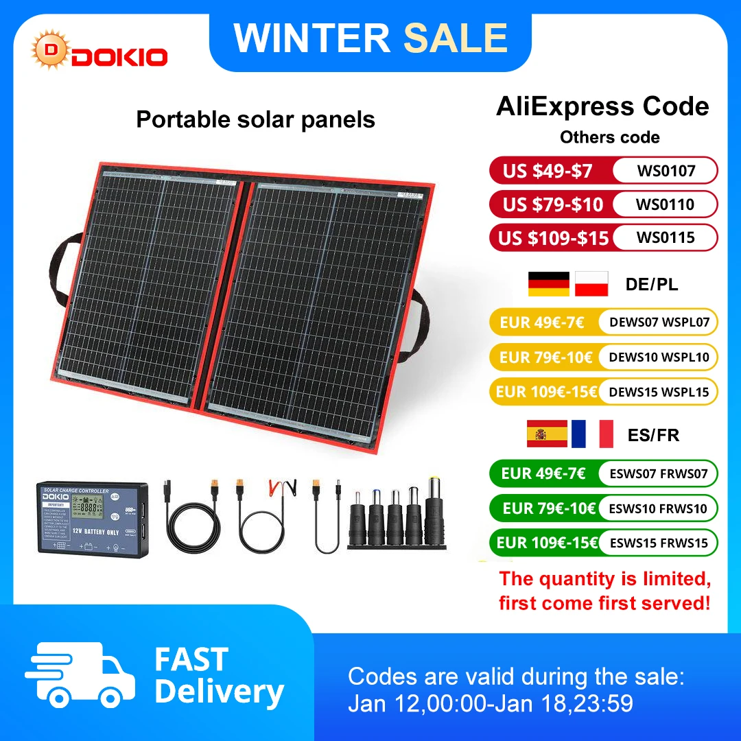 Dokio 18V 100/160/200/300W przenośny składany panel słoneczny z kontrolerem 12V do ładowania akumulatora… Dokio 18V 100/160/200/300W przenośny składany panel słoneczny z kontrolerem 12V do ładowania akumulatora…