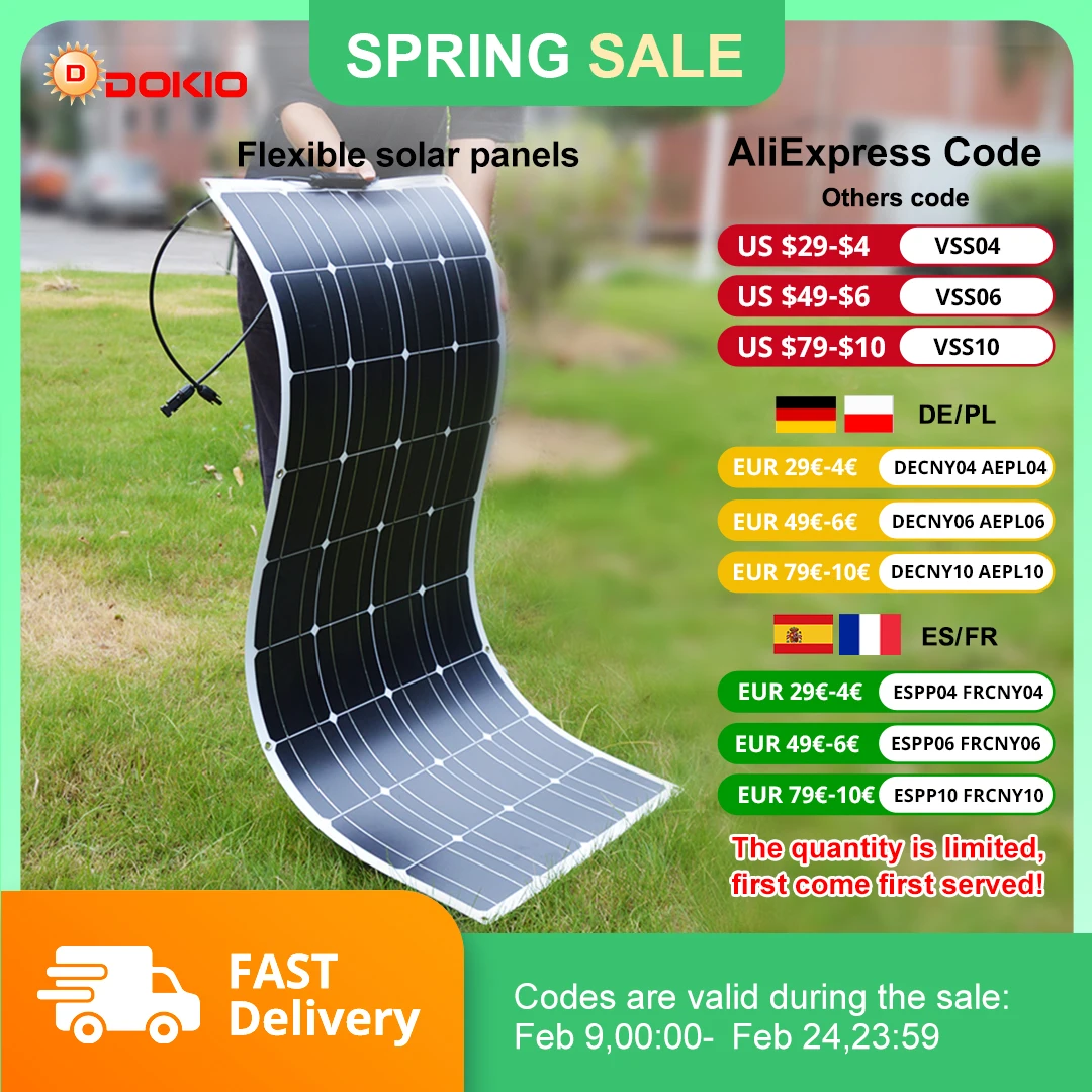 DOKIO 18V 100W/200W/400W elastyczne panele słoneczne wodoodporny monokrystaliczny panel słoneczny Camping RV… DOKIO 18V 100W/200W/400W elastyczne panele słoneczne wodoodporny monokrystaliczny panel słoneczny Camping RV…