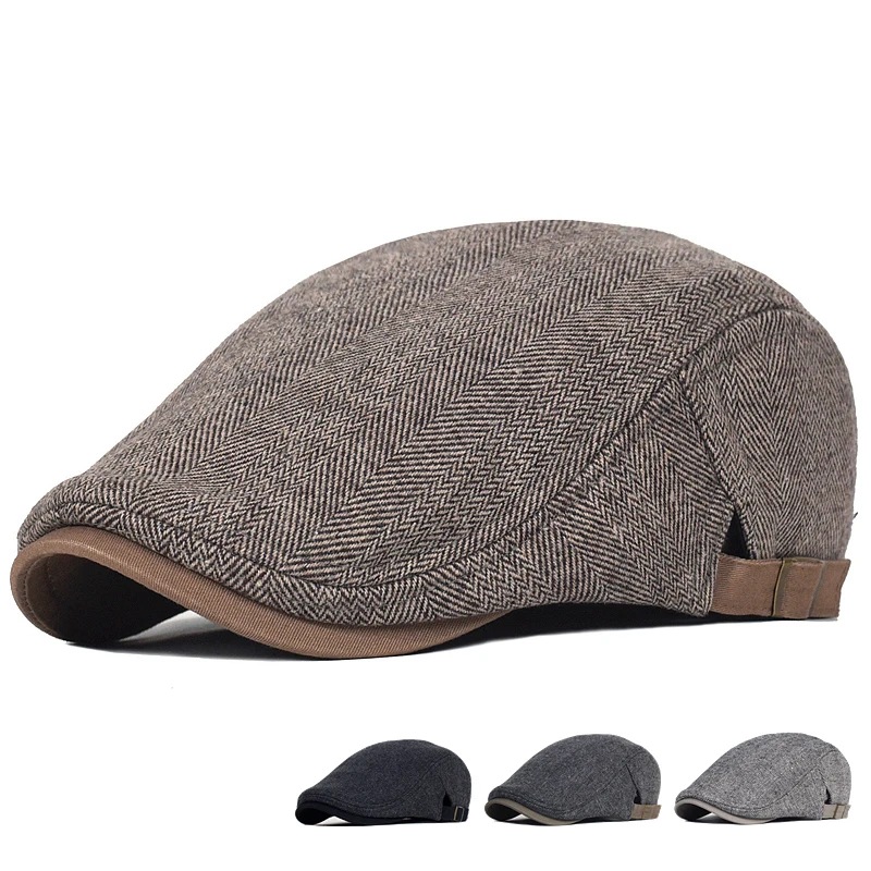 Duży rozmiar czapka gazeciarza mężczyźni zimowa wełniana gruba ciepła Vintage jodełka w stylu Casual, w paski…