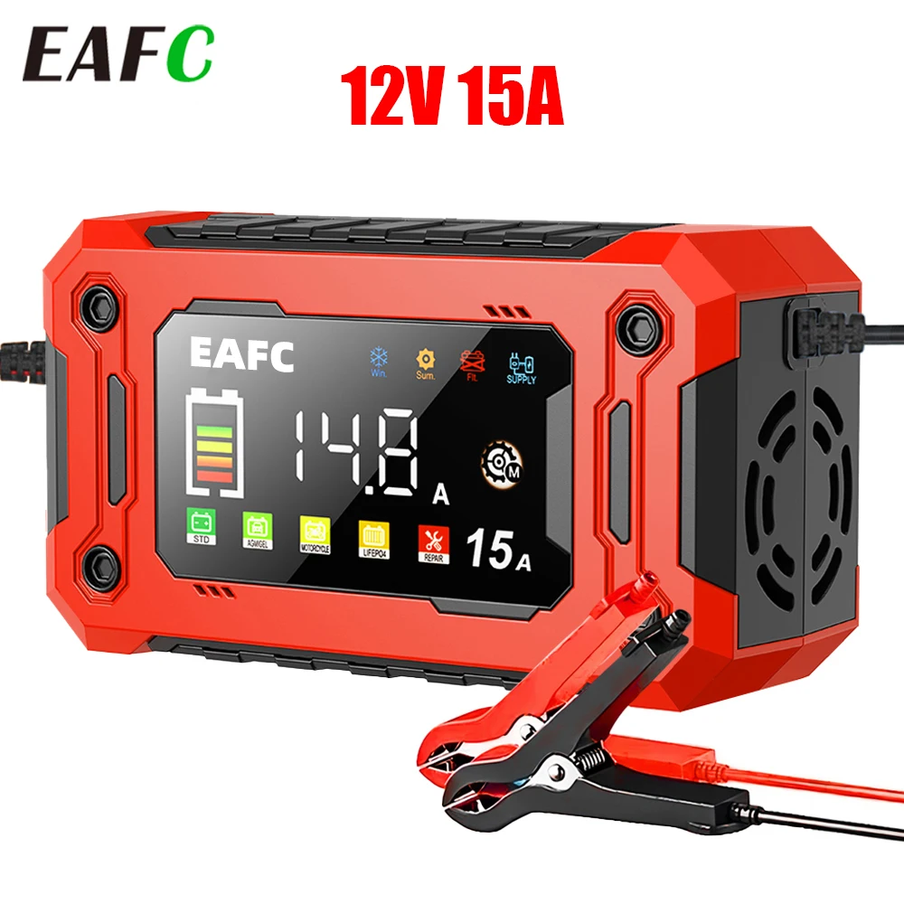 EAFC 12V 15A 8A Car Battery Charger Large Screen Pluse Repair Charger for Auto Moto SUV Lithium AGM Lead Acid…