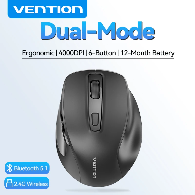 Ergonomiczna mysz bezprzewodowa Vention Bluetooth 5.1 Dual-Mode USB 2.4G, 4000 DPI, 6 przycisków, mysz do PC… Ergonomiczna mysz bezprzewodowa Vention Bluetooth 5.1 Dual-Mode USB 2.4G, 4000 DPI, 6 przycisków, mysz do PC…