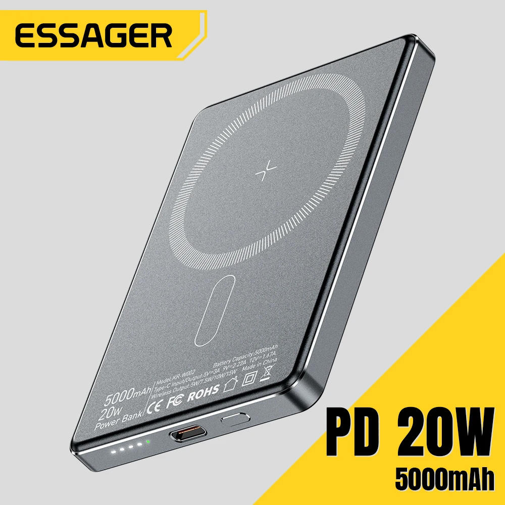 Essager Cienki bezprzewodowy power bank Magnetyczny 20W 5000mAh Przenośna szybka ładowarka zewnętrzna do…