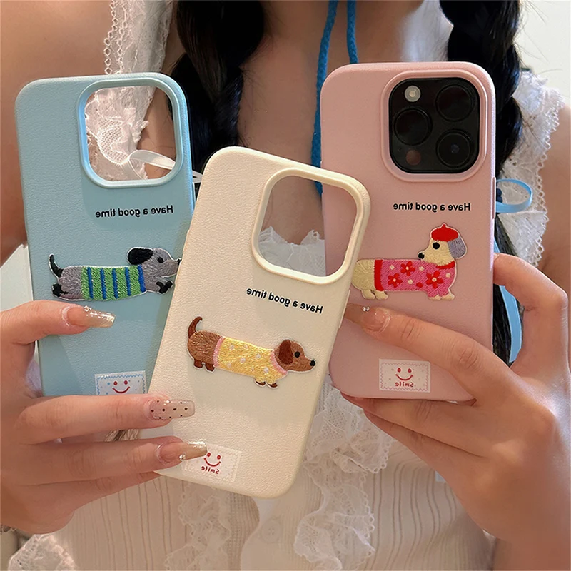 Etui na iPhone 17 16 Pro Max z uroczym rysunkowym jamnikiem i wzorem liczi, obudowa na telefon iPhone 15 14 13…