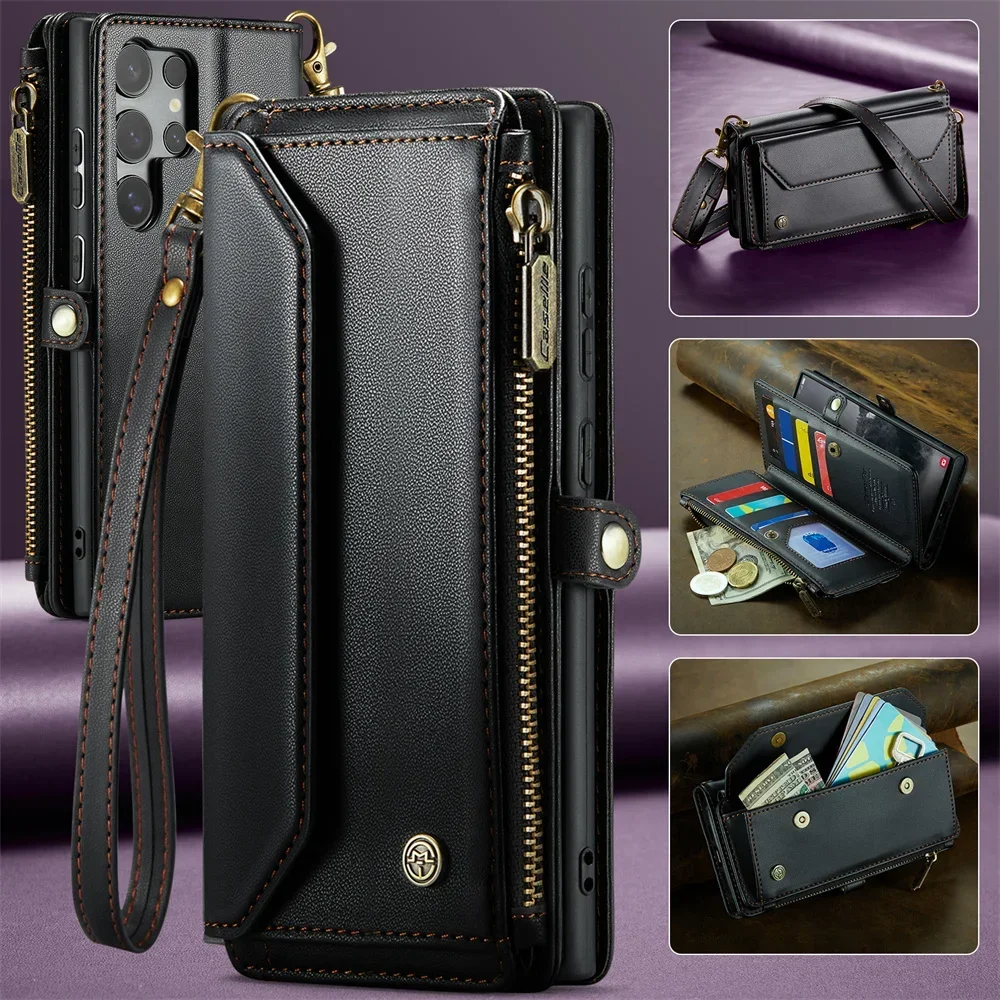 Etui na telefon Samsung S26 S25 S24 S23 Ultra Plus FE A17 A57 A37 A36 A56 5G z PU skóry z paskiem, zamkiem…