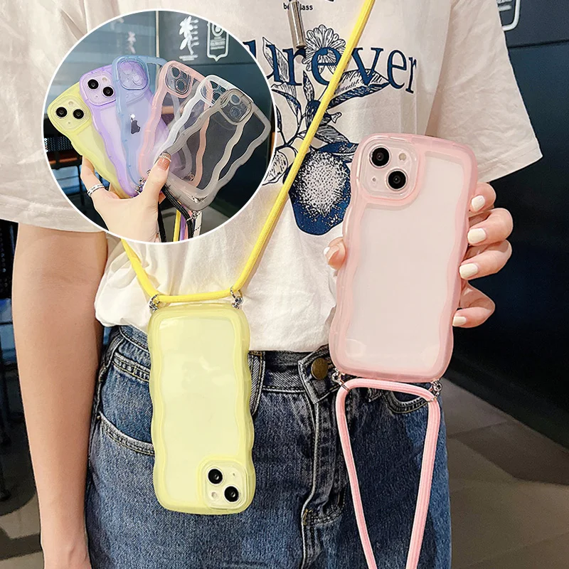 Etui na telefon z falistym brzegiem, przezroczyste, z smyczą, do iPhone 17 16 15 14 Pro Max 13 12 11 Xr Xs 7 8…