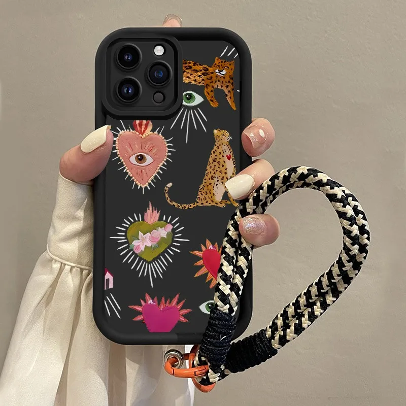 Etui na telefon z paskiem do zawieszenia z nadrukiem kwiatów i oczu leoparda do iPhone 11 12 13 14 15 16 17…