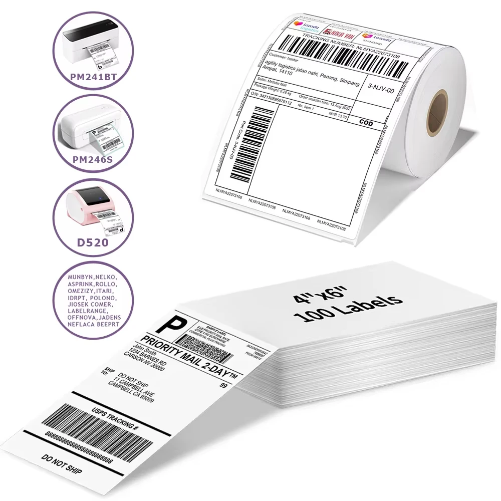 Etykiety wysyłkowe formatu A6 4×6” 4×4” w formacie FanFold, papier 241BT 246S D520 DYMO 4XL Zebra Munbyn…