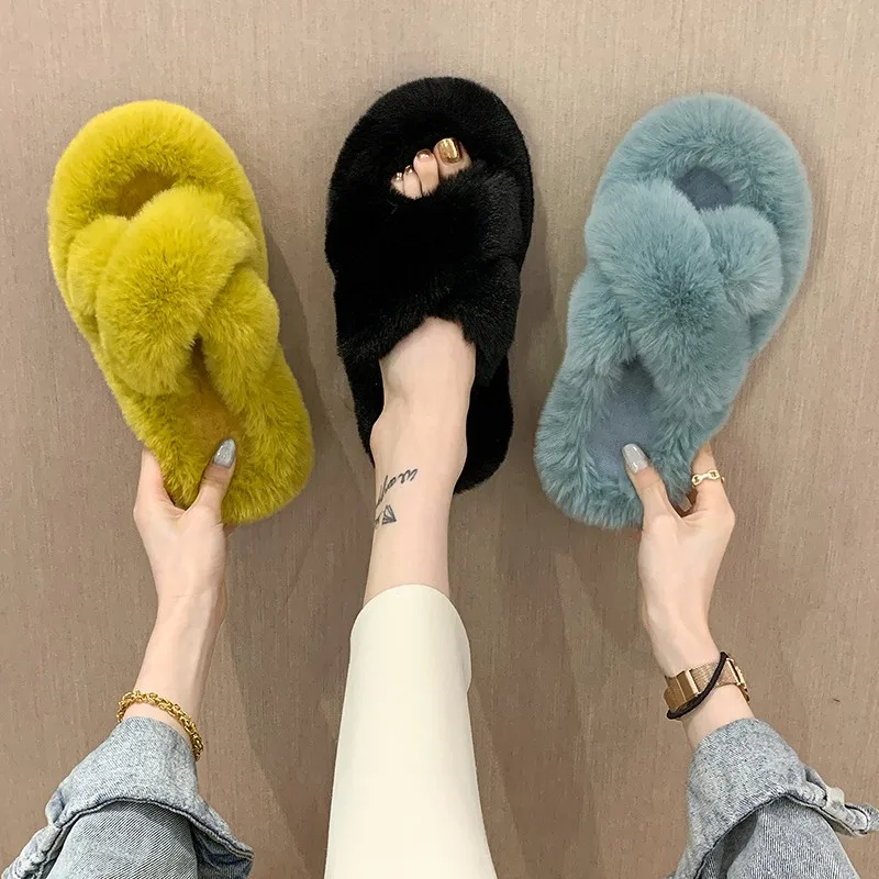 Fashion One Word Thick Fur Slippers Double Fur Slippers Casual Home Cotton Shoes for Women Flat Plush Cross…