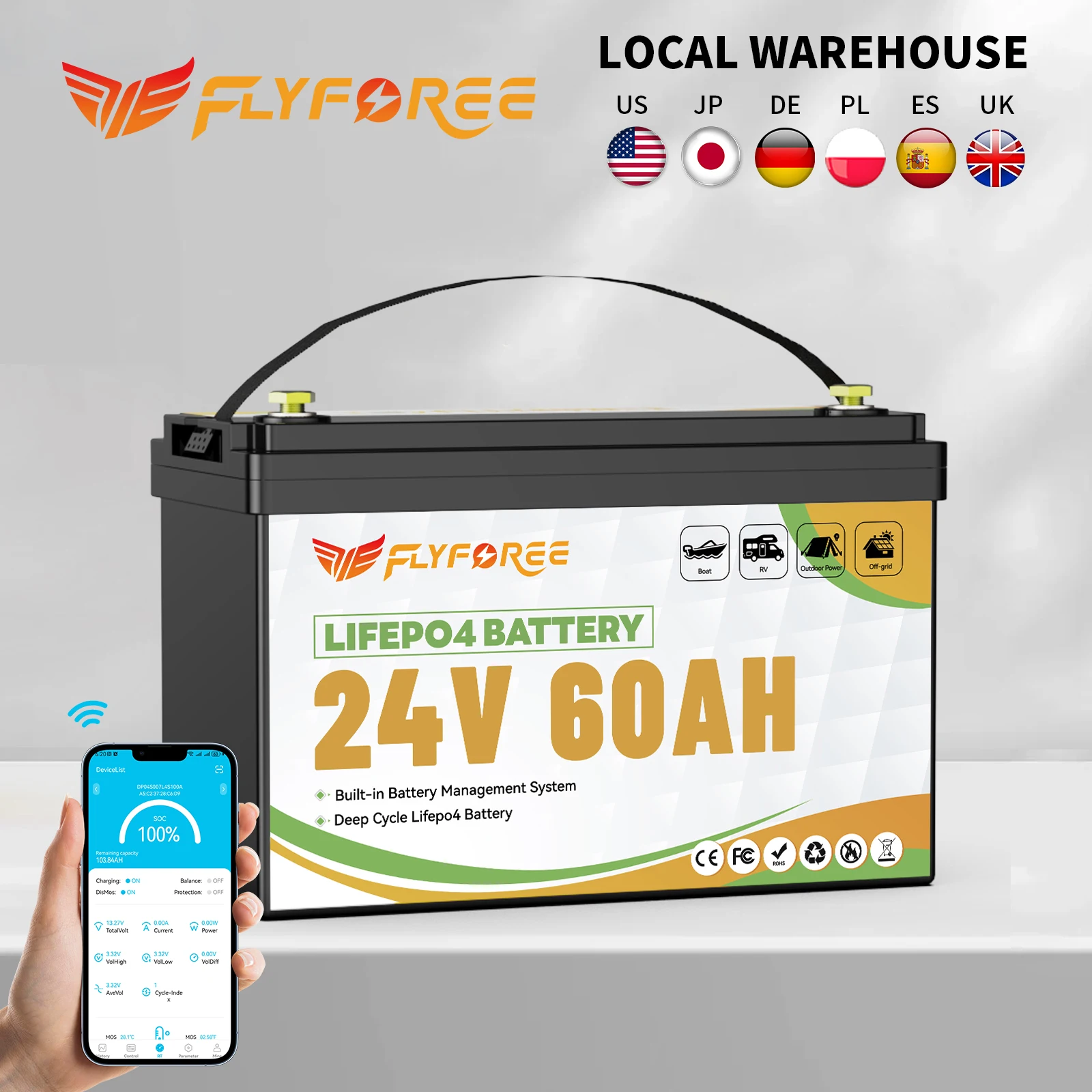 FLLYROWER 24V 60AH Akumulator LiFePO4 z Bluetooth, BMS 60A, ponad 8000 cykli ładowania, do kamperów, pojazdów… FLLYROWER 24V 60AH Akumulator LiFePO4 z Bluetooth, BMS 60A, ponad 8000 cykli ładowania, do kamperów, pojazdów…