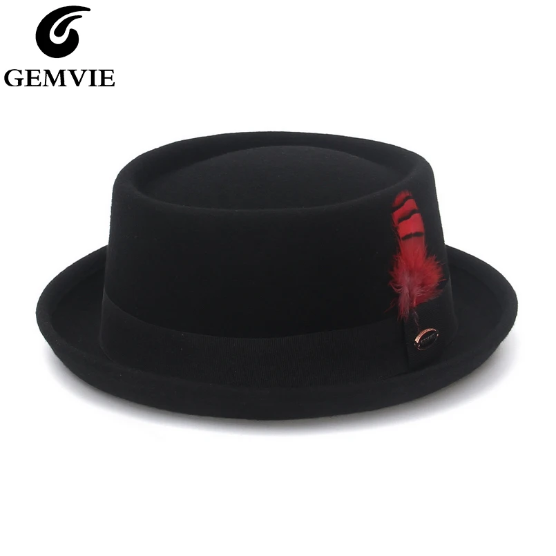 GEMVIE 100% filc wełniany zgniatany mężczyźni kobiety Porkpie Fedora kapelusz z krótkim rondem jesienno-zimowy…