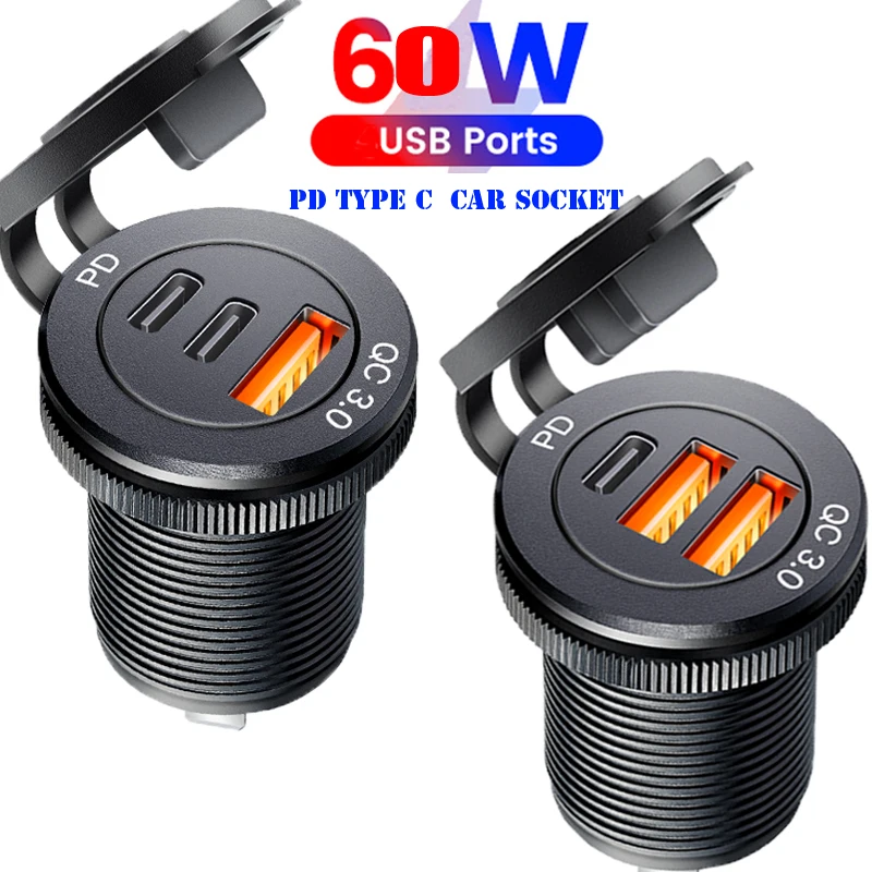 Gniazdo USB 3.0, 60W, gniazdo Type-C, adapter szybkiego ładowania do samochodu, ciężarówki, motocykla…