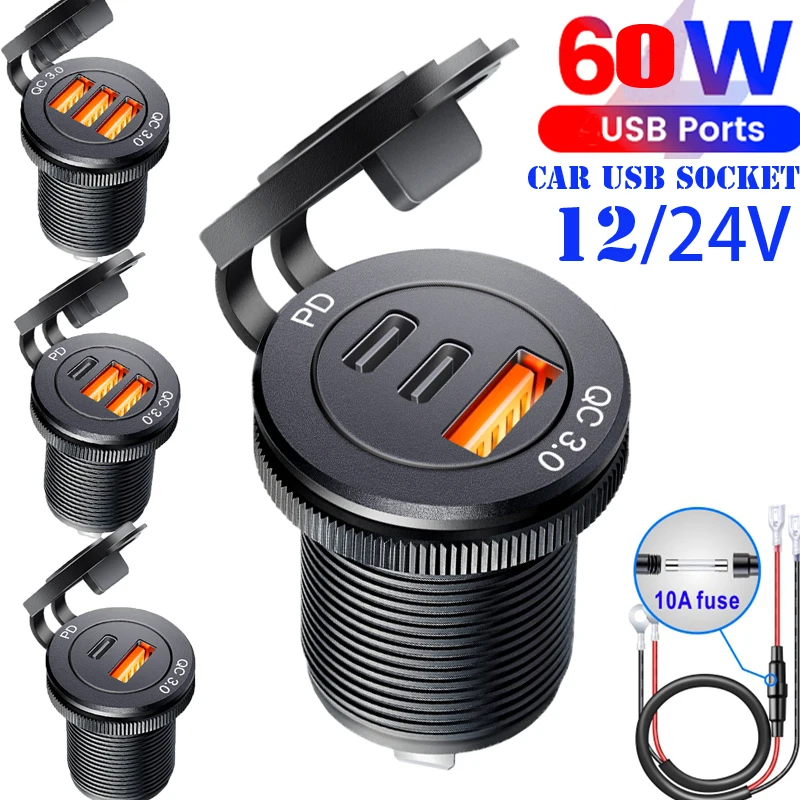 Gniazdo USB do samochodu z szybkim ładowaniem PD 3.0, ładowarka samochodowa 60W, gniazdo zasilania do… Gniazdo USB do samochodu z szybkim ładowaniem PD 3.0, ładowarka samochodowa 60W, gniazdo zasilania do…
