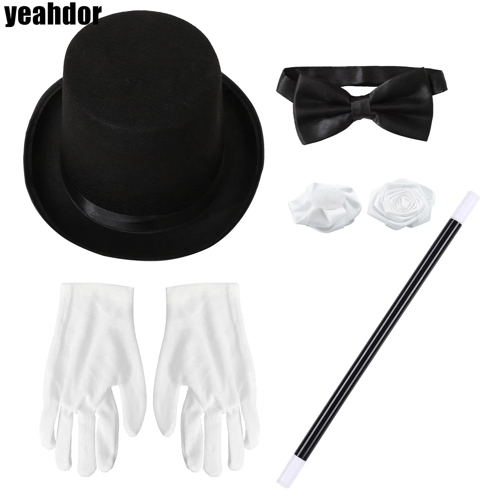 Halloween magik akcesoria do kostiumów melonik rękawiczki satynowa muszka wstążka róże i magiczna różdżka…