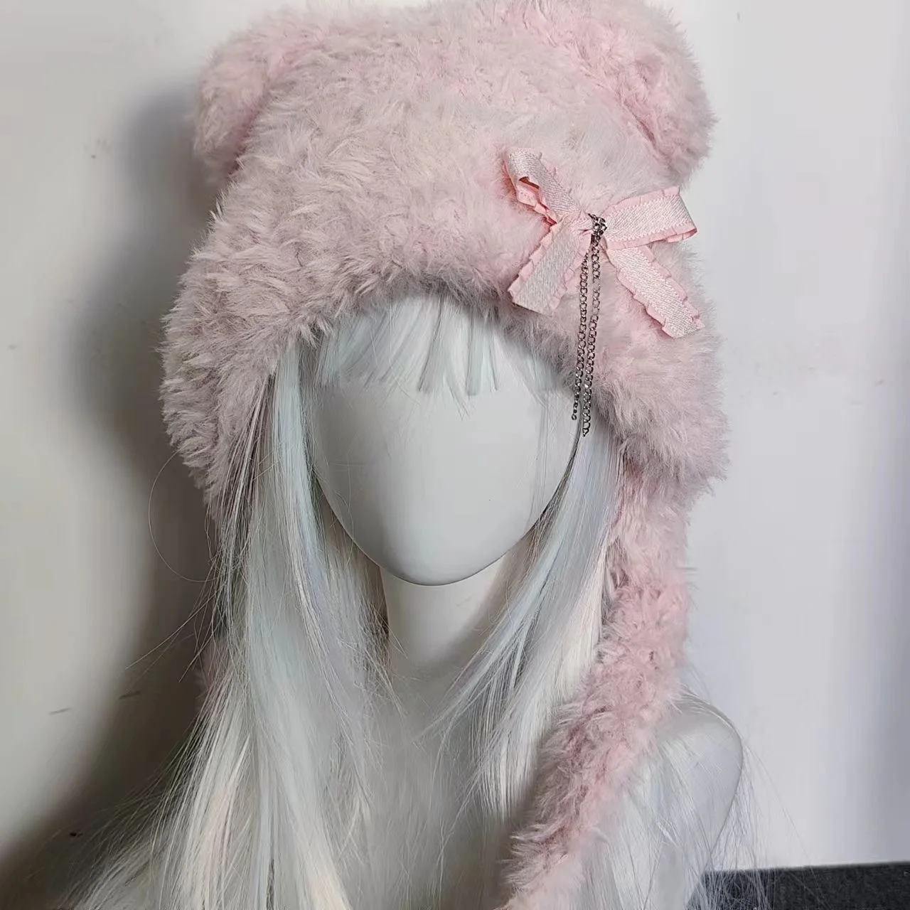 Harajuku Gothic Lolita Y2K dzianinowy niedźwiedź ucho Bowknot łańcuszek kapelusz kobiety Punk projektant…