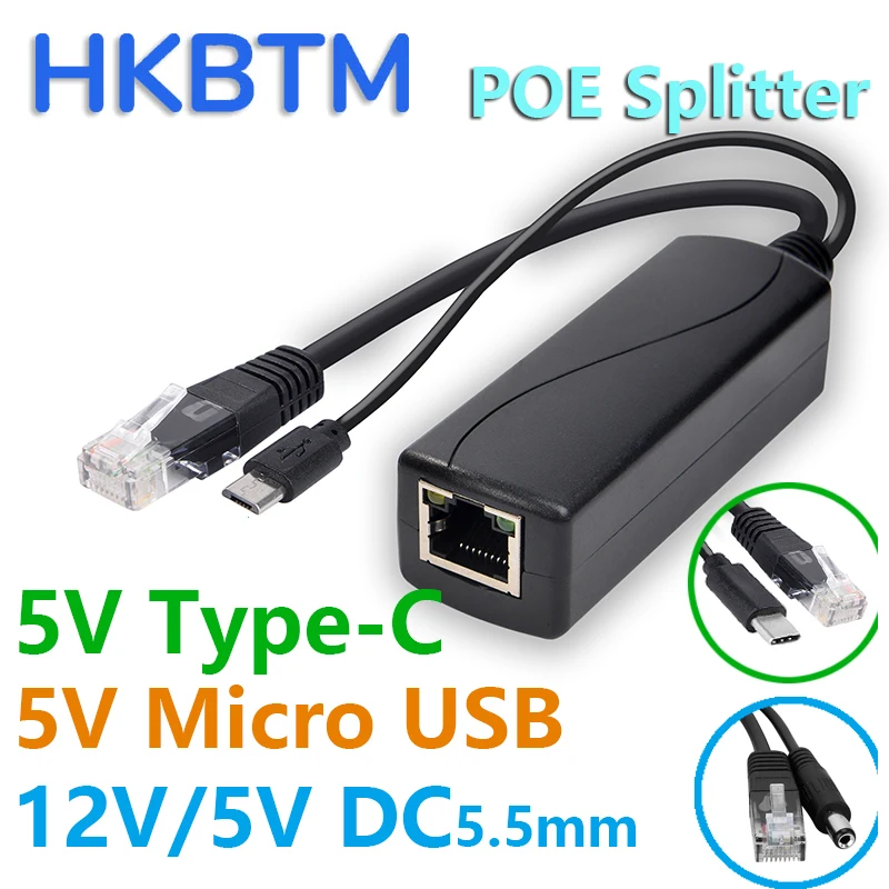 HKBTM POE Splitter 48V do 5V 12V Micro USB tpye-C BarrelJack Zasilacz do Huawei dla Hikvision dla Bobcat dla…