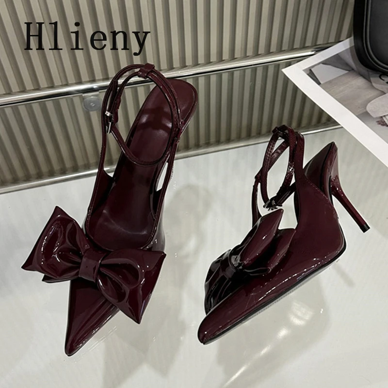 Hlieny Wine Red Ankle Strap Stilettos For Woman Patent Leather Bow Pointed Toe Slingbacks High Heels Sandals…
