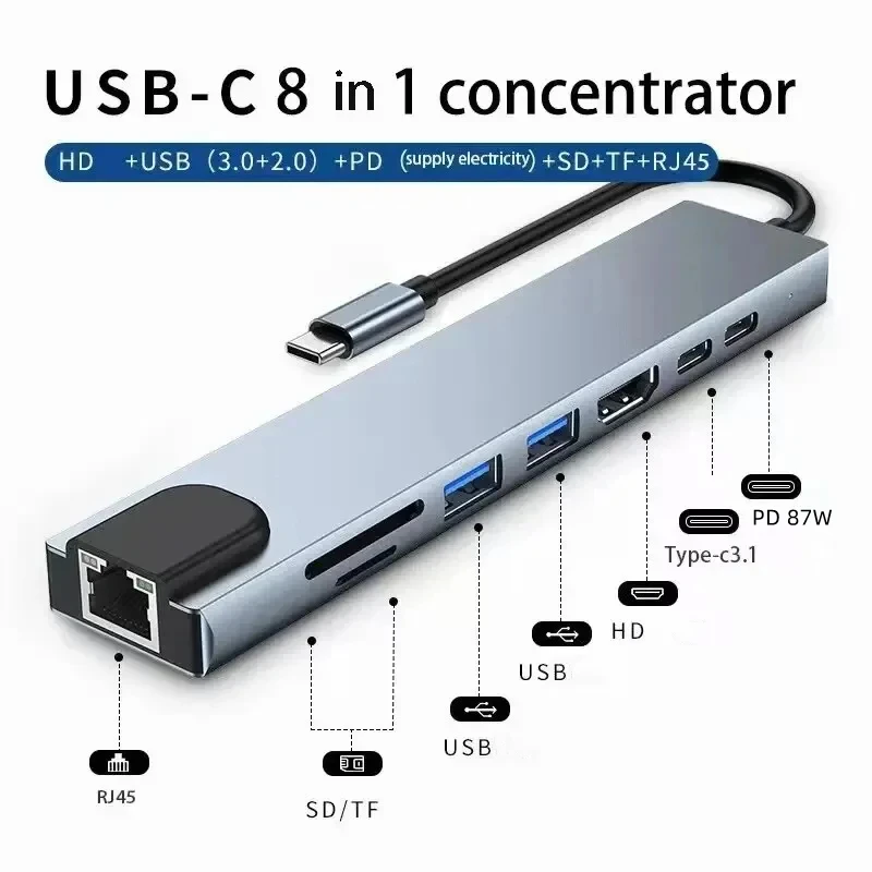Hub USB-C 8 w 1 Typu C do HDTV z szybkim ładowaniem PD 87W, czytnikiem kart TF/SD, rozdzielaczem RJ45… Hub USB-C 8 w 1 Typu C do HDTV z szybkim ładowaniem PD 87W, czytnikiem kart TF/SD, rozdzielaczem RJ45…