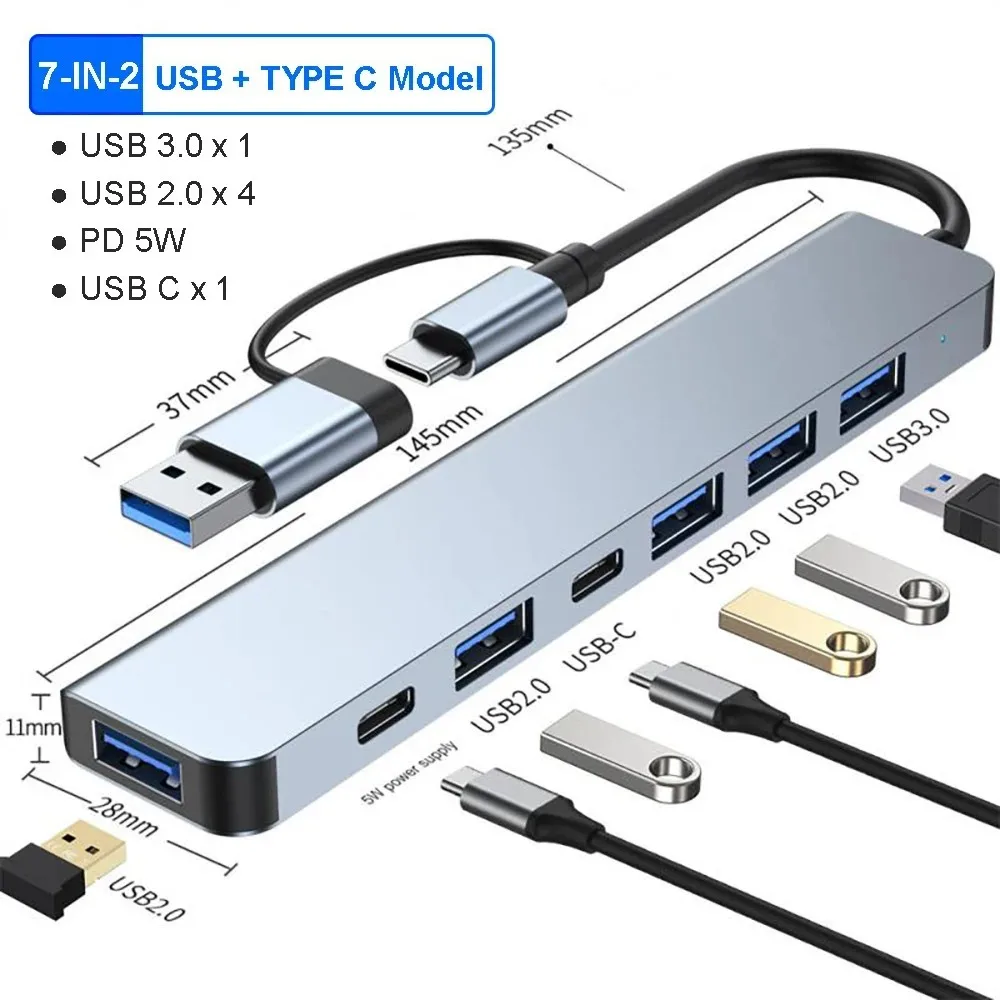 Hub USB C Hub USB 3.0, aluminiowy przedłużacz USB 7 w 1, rozdzielacz USB z 1 portem USB 3.0, 4 portami USB 2.0…