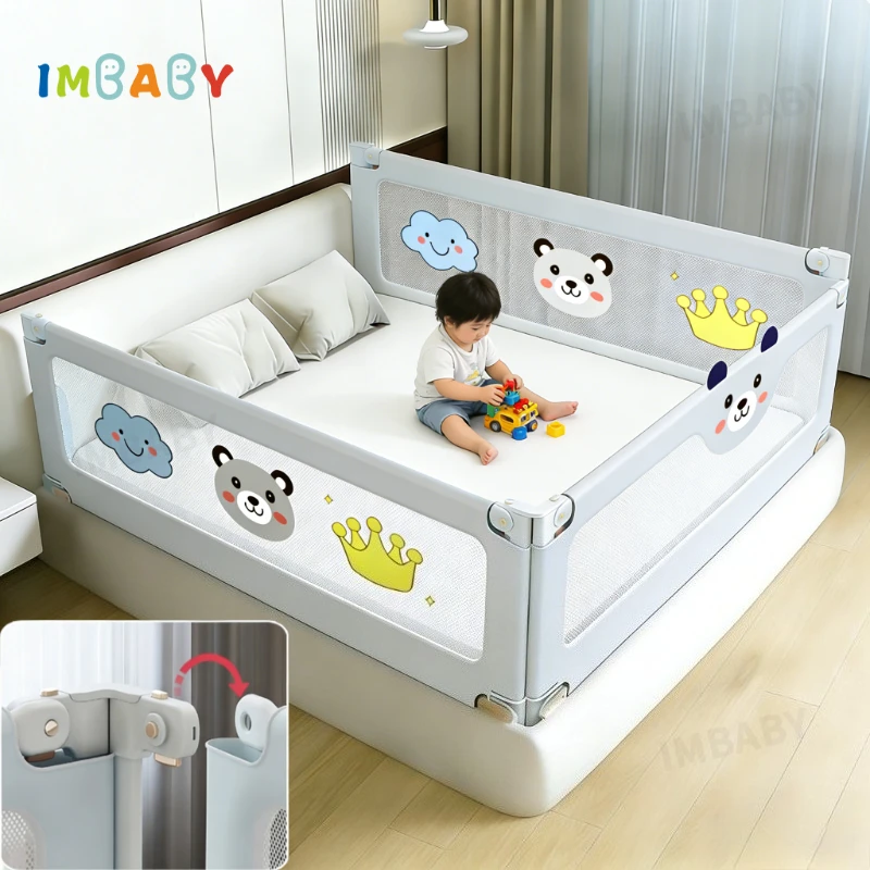 IMBABY Składana, kreskówkowa barierka do łóżeczka dziecięcego z regulacją wysokości 120 150 160 180 200 cm…