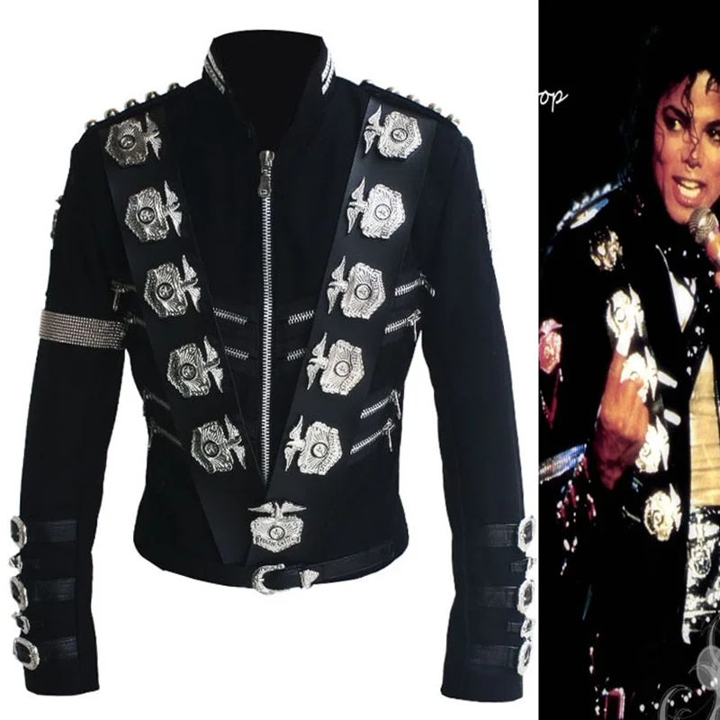 Impersonator Michael Jackson Kostiumy Kurtka Stuff BAD Czarny ze srebrnymi odznakami orła Punk Metalowa…