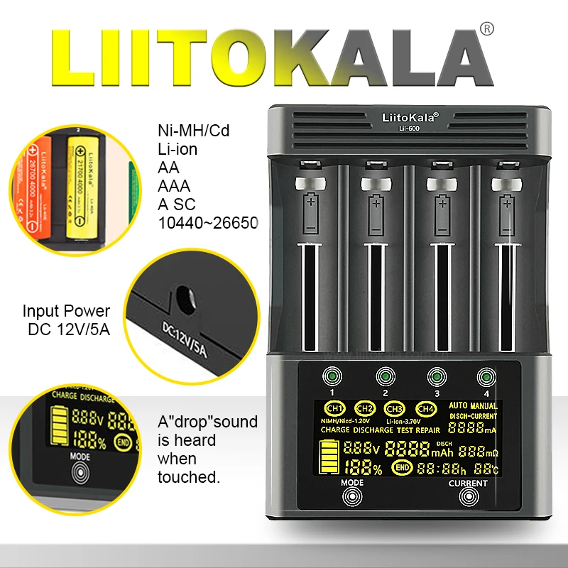 Inteligentna ładowarka LiitoKala Lii-600 do akumulatorów 18650/21700/26650/AA/AAA/Ni-MH/Li-ion, wyświetlacz… Inteligentna ładowarka LiitoKala Lii-600 do akumulatorów 18650/21700/26650/AA/AAA/Ni-MH/Li-ion, wyświetlacz…