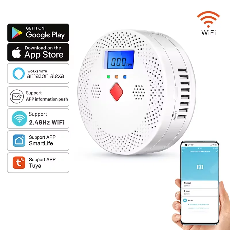 Inteligentny czujnik tlenku węgla Tuya WiFi z alarmem 85dB, ostrzeżeniem dźwiękowym, cyfrowym wyświetlaczem…