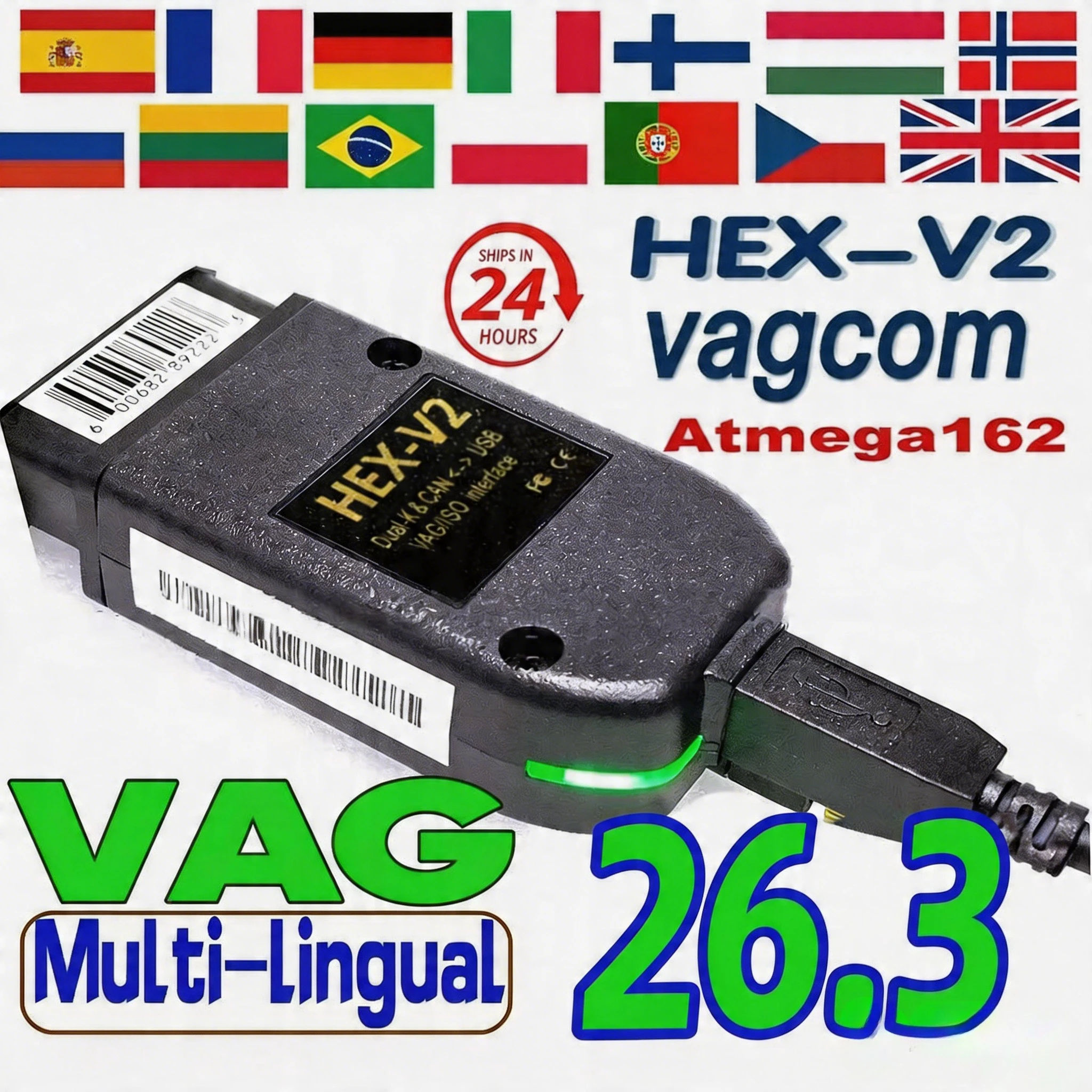 Interfejs VCDS VAGCOM VCDSCAN HEX V2 z aktualizacją 26.3 dla VW, AUDI, Skoda, Seat, wielojęzyczne narzędzia…