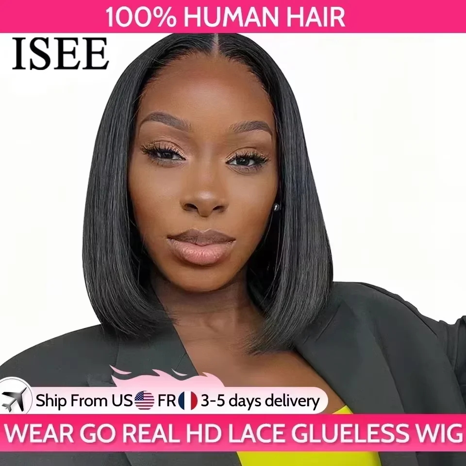 ISEE HAIR Peruka z ludzkich włosów typu bob, bez kleju, gotowa do noszenia, z koronką HD, prosta, krótka, bob…
