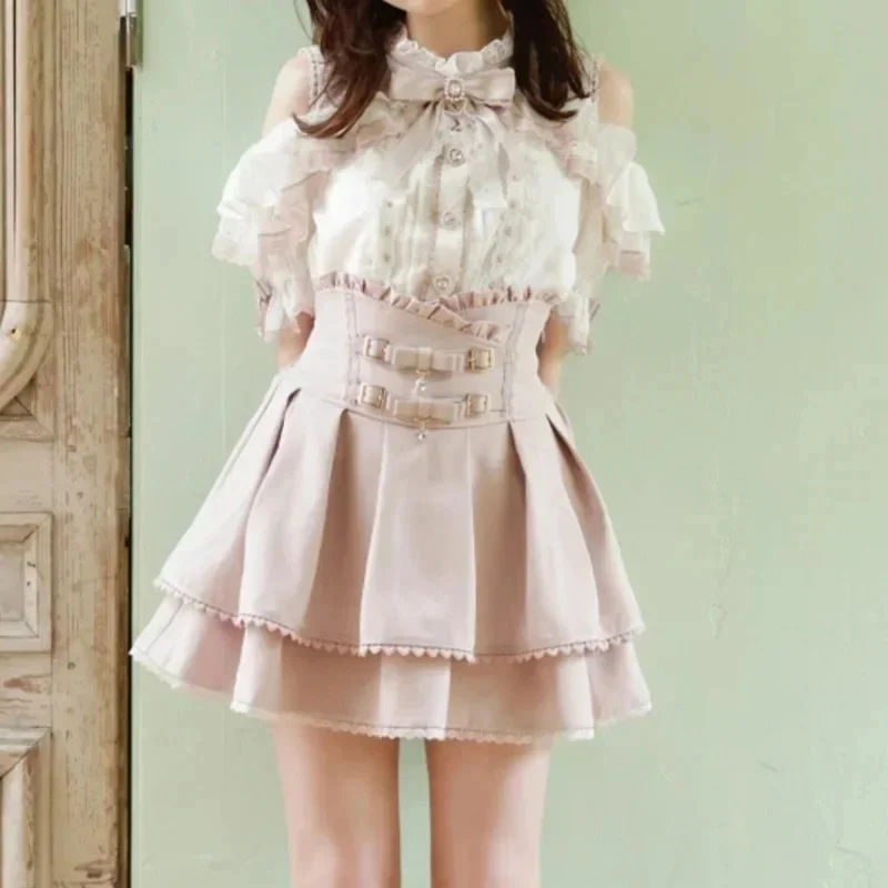 Japan Style High Waist Pleated Mini Skirts Bow Knot Design Mini Skirts Kawaii Slim Fit A-line Skirts Pink Lace…