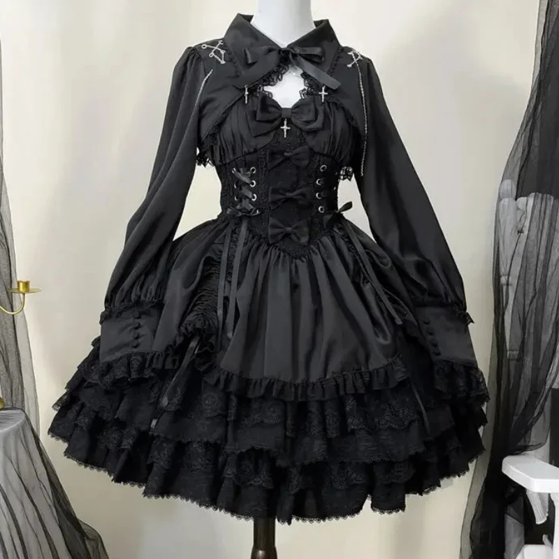 Japońska wiktoriańska gotycka sukienka Lolita kobiety w stylu Punk słodka koronkowa kokarda sukienki… Japońska wiktoriańska gotycka sukienka Lolita kobiety w stylu Punk słodka koronkowa kokarda sukienki…