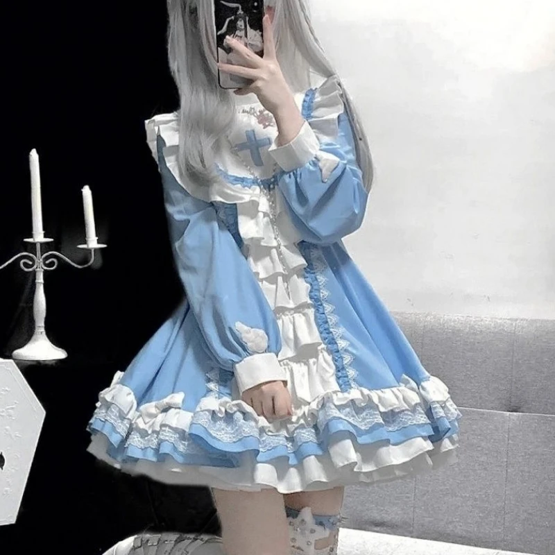 Japoński Gothic Lolita OP sukienka kobiety Kwaii kokarowe falbany niebieski biały Patchwork księżniczka… Japoński Gothic Lolita OP sukienka kobiety Kwaii kokarowe falbany niebieski biały Patchwork księżniczka…
