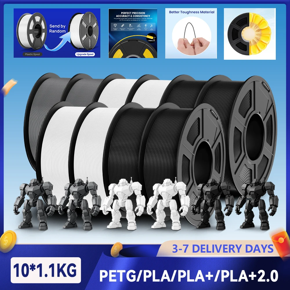 JAYO 10 rolek filamentu 3D PETG/PLA/PLA+2.0/PLA+ do drukarek 3D, 1.75mm, bez pęcherzyków, nietoksyczny…