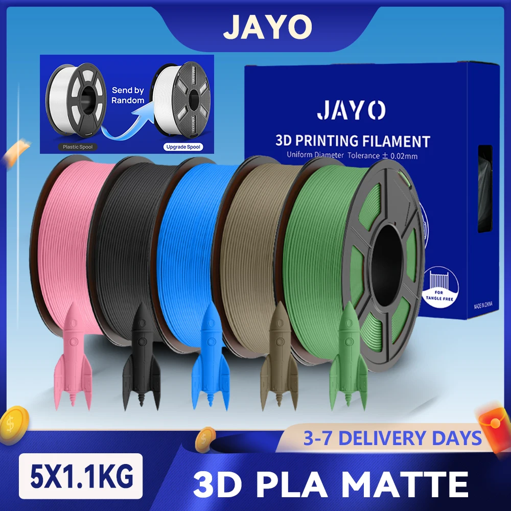 JAYO 5 rolek matowego filamentu PLA 3D do drukarek 3D, 1.75mm+/-0.02mm, 100% bez pęcherzyków, nietoksyczny…