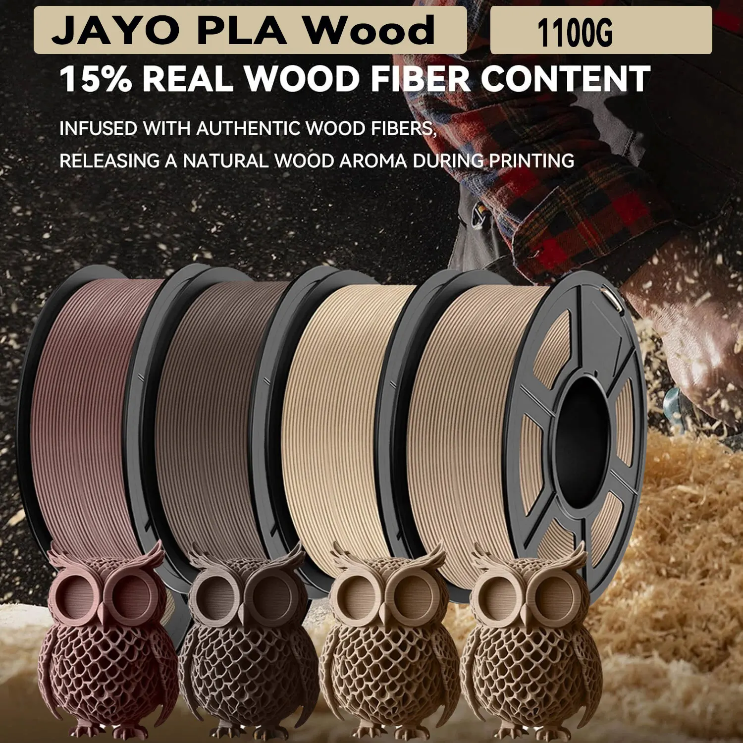 JAYO Filament do drukarek 3D Wood PLA 1,75 mm 1,1 kg 15% prawdziwych włókien drewna Dokładność wymiarowa +… JAYO Filament do drukarek 3D Wood PLA 1,75 mm 1,1 kg 15% prawdziwych włókien drewna Dokładność wymiarowa +…