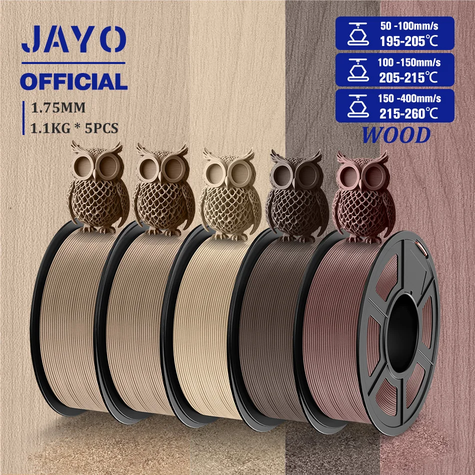 JAYO Wood PLA Filament 1.75mm 5Rolls Real Wood Fiber 3D Filament do drukarek 3D FDM 15% Wood Fibers Materiały…