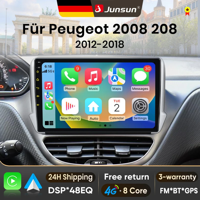 Junsun 10-calowe radio samochodowe z Androidem 15 do Peugeot 2008 208 2012-2018, bezprzewodowe Apple CarPlay…