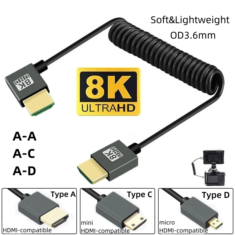 Kabel 8K UHD High Speed HDMI Mini/Micro HDMI Spiralny do HDTV Laptopa PC PS4 Kamery DV Monitora Wyświetlacza
