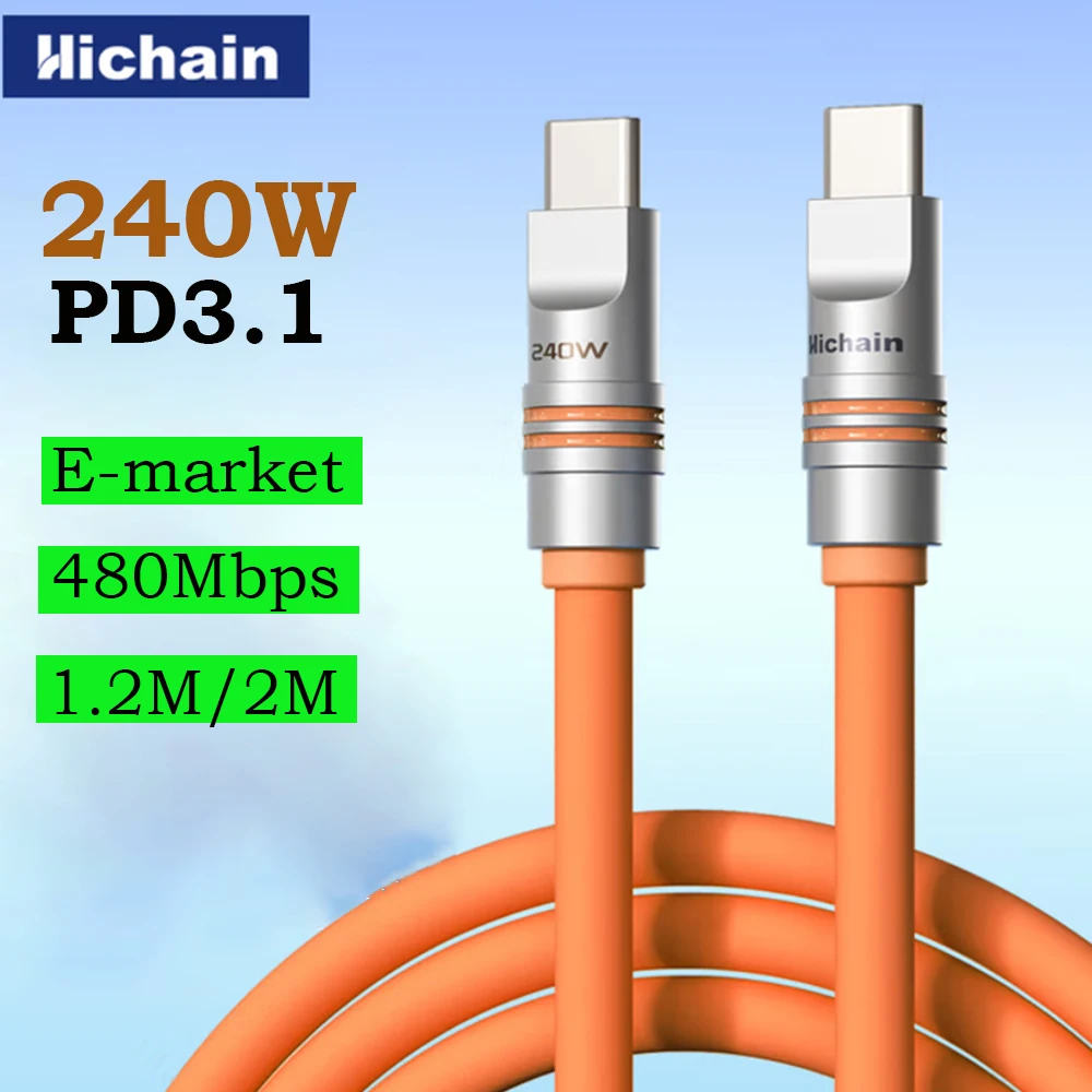 Kabel Hichain PD240W USB C do szybkiego ładowania, miękki silikonowy kabel typu C do iPhone’a, laptopów…