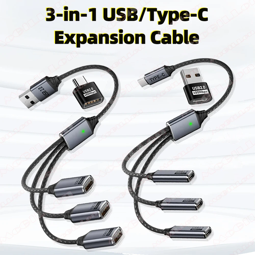 Kabel rozdzielający USB 3 w 1 typu A na USB-C, hub USB 2.0, konwerter OTG z funkcją ładowania i transferu…