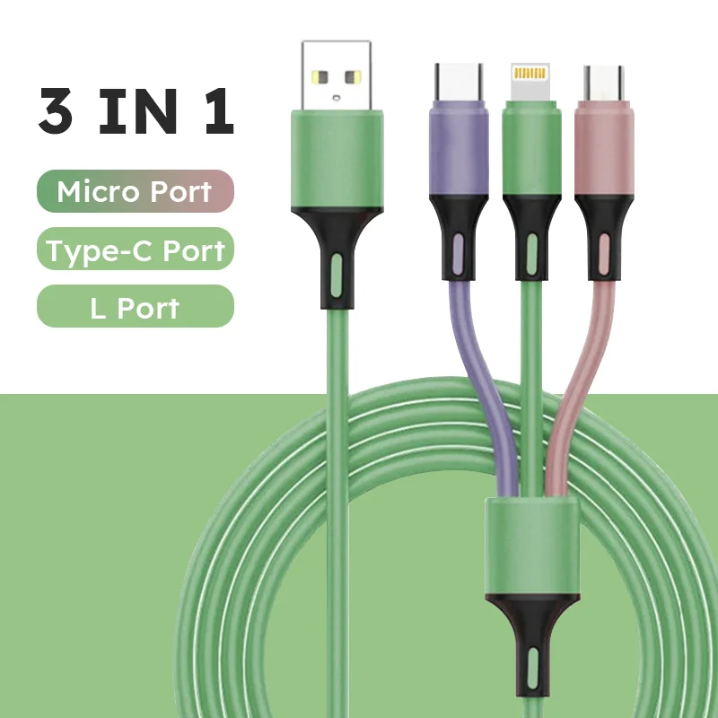 Kabel USB 3 w 1 z silikonową osłoną do szybkiego ładowania i transmisji danych dla iPhone, Samsung, Huawei…