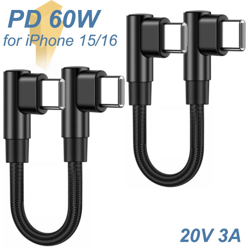 Kabel USB-C do USB-C PD 60W z szybkim ładowaniem, kątowy 90 stopni, przewód do ładowania iPhone 15 16 Pro Max…