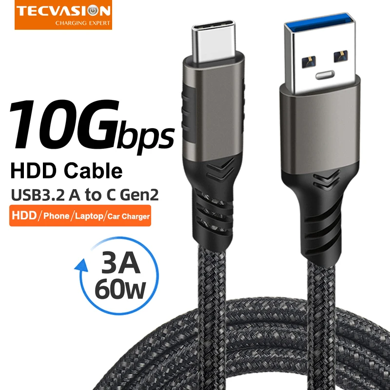 Kabel USB3.2 10Gbps USB Typ C USB A do C 3A 60W QC3.0 Szybkie Ładowanie do Samsung NVMe Dysk Twardy Zewnętrzny…